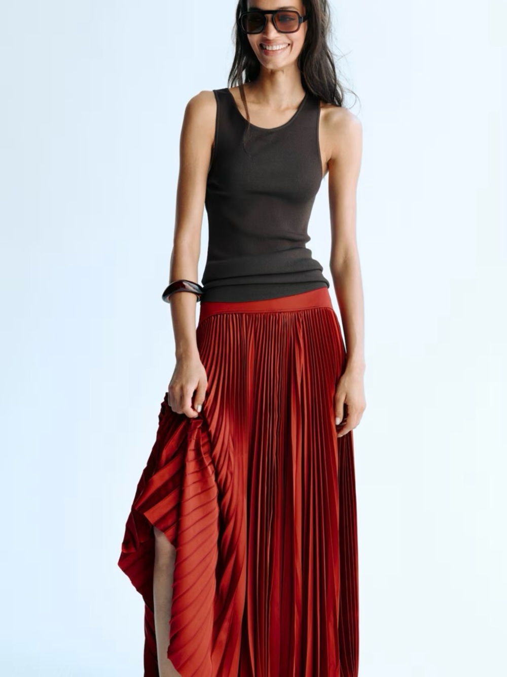 H&M Rust Pleated Midi Skirt